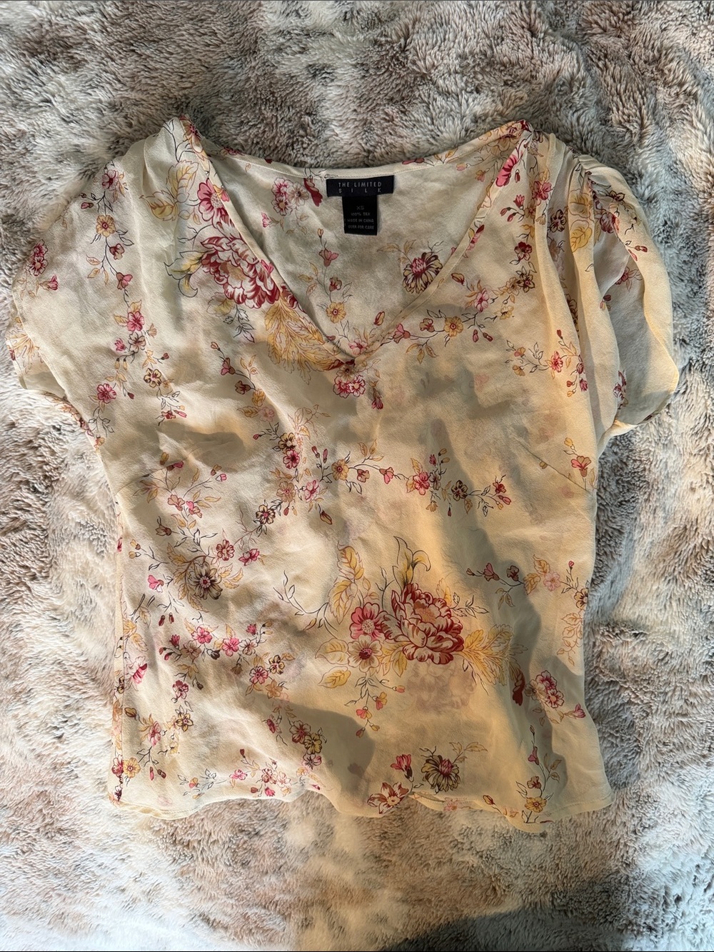 The Limited Cream Floral V-Neck Blouse with Pink & Yellow Blossoms